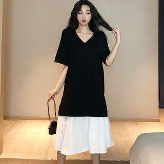Elbow-sleeve Paneled Midi Dress As Shown In Figure - One Size