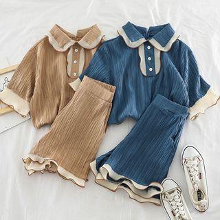 Set: Peter Pan-collar Top + Ruffle-trim Shorts