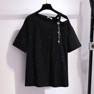 Short Sleeve One Shoulder Sequined T-shirt