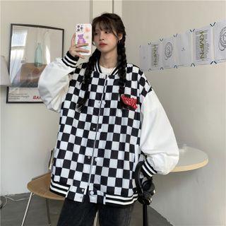 Letter Embroidered Checker Print Baseball Jacket