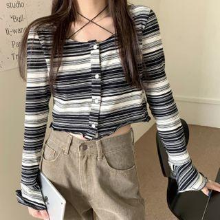 Long-sleeve Button-up Striped T-shirt