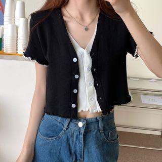 Two Tone Mock Two Piece Button-up Cardigan