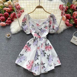 V-neck Ruched Puff-sleeve Print Wide-leg Playsuit