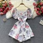 V-neck Ruched Puff-sleeve Print Wide-leg Playsuit