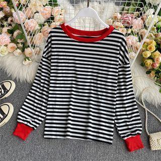 Round-neck Color-block Striped Long-sleeve Top