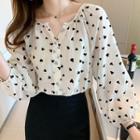 Long-sleeve Heart Print Blouse Almond - One Size