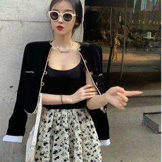 Flower Print Panel Spaghetti Strap A-line Dress / Button Jacket