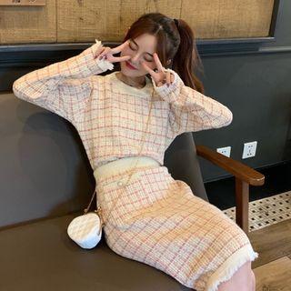 Set: Crewneck Knit Top + High-waist Knit Skirt