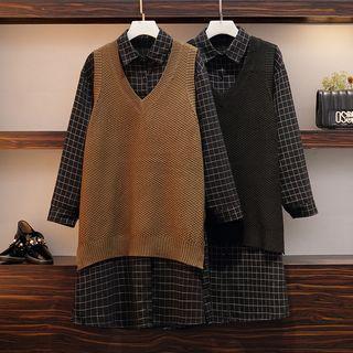 Set: Long-sleeve Plaid Shirtdress + Knit Vest