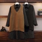 Set: Long-sleeve Plaid Shirtdress + Knit Vest