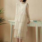 Dotted Lace Long Sleeve Layered Midi Dress Almond - One Size