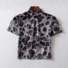 Sheer Leopard Stand Collar Short-sleeve Crop Top