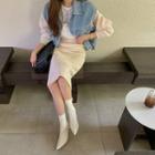 Frayed Denim Jacket & Matching Knit Skirt Set