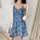 Spaghetti Strap Floral Print A-line Dress / Open-front Cardigan