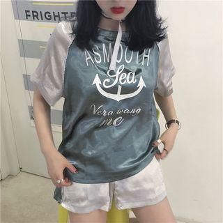 Lettering Raglan Elbow Sleeve T-shirt / Band Waist Shorts