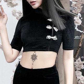 Mandarin Collar Frog-button Velvet Crop Top