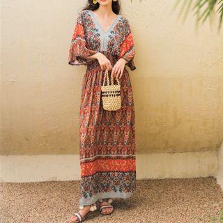 Elbow-sleeve Print Maxi Dress