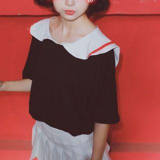 Sailor Collar Heart Embroidered Short-sleeve T-shirt
