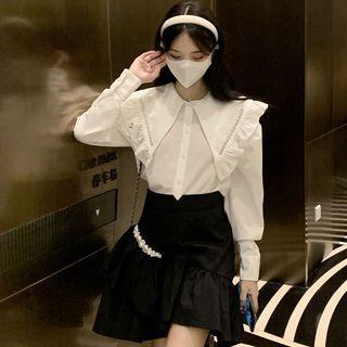 Long-sleeve Peter Pan-collar Ruffle Trim Shirt / Ruffle Hem Faux Pearl Mini Skirt