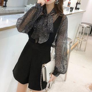 Set: Star Print Tie-neck Blouse + Jumper Shorts
