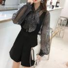 Set: Star Print Tie-neck Blouse + Jumper Shorts