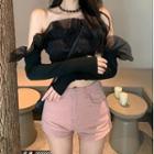 Long-sleeve Off-shoulder Ruffled Top / Shorts