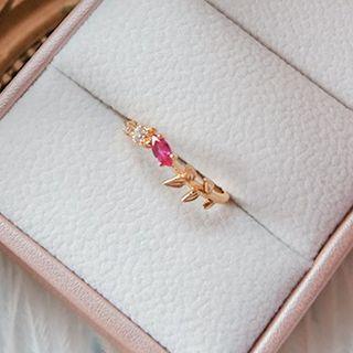 Rhinestone Leaf Open Ring 1 Pc - Rhinestone Leaf Open Ring - Pink - One Size