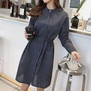 Long-sleeve Striped Tie-waist Shirtdress