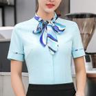 Bow Neck Short-sleeve Work Blouse / Fitted Skirt