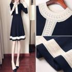 Long-sleeve Knit Contrast Trim A-line Dress Dark Blue & White - One Size