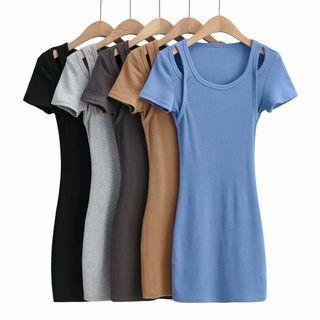 Short-sleeve Mock Two Piece Plain Dress