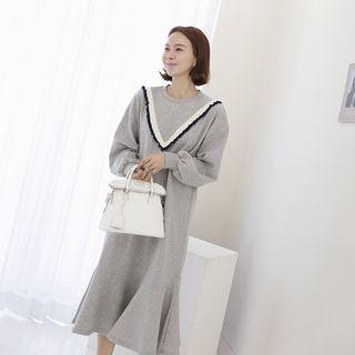 Contrast Frilled-trim Ruffle-hem Pullover Dress