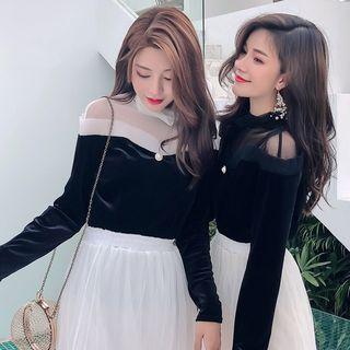 Mesh Panel Pleuche Blouse/ Midi Tiered A-line Skirt