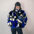 Funnel-neck Camouflage Furry Zipped Jacket Blue - One Size
