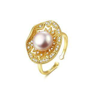 925 Sterling Silver Plated Gold Fashion Simple Geometric Pattern Purple Freshwater Pearl Adjustable Open Ring With Cubic Zirconia Golden - One Size