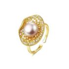 925 Sterling Silver Plated Gold Fashion Simple Geometric Pattern Purple Freshwater Pearl Adjustable Open Ring With Cubic Zirconia Golden - One Size