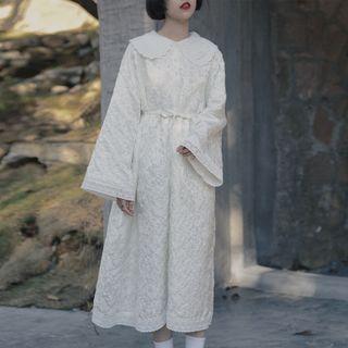Flared-sleeve Lace Midi Collared Dress