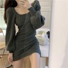 Puff-sleeve Ribbed Sweater Dress