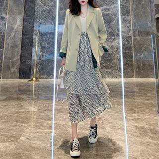 Set: Plain Blazer + Floral Print Layered Midi A-line Skirt