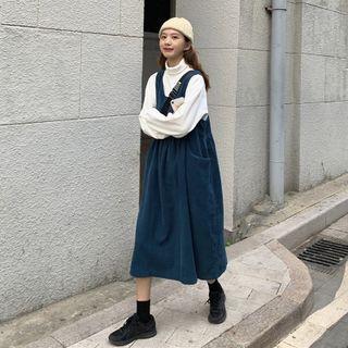 Corduroy Jumper Dress / Plain High-neck Long-sleeve Top