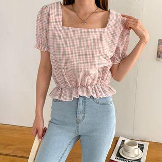 Square-neck Plaid Peplum Crop Top