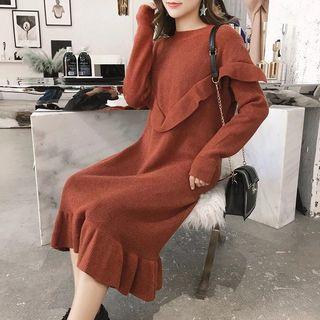 Ruffle Trim Long-sleeve Midi Knit Dress