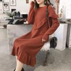 Ruffle Trim Long-sleeve Midi Knit Dress