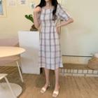 Short-sleeve Square-neck Plaid Elastic-waist Dress