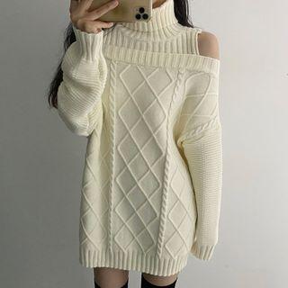 Turtleneck Cold-shoulder Mini Cable Knit Sweater