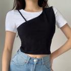 Short-sleeve Asymmetrical Color Block Crop Top