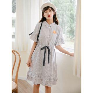 Elbow-sleeve Cat Print Checker A-line Dress