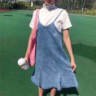 Strappy Embroidered Denim A-line Dress