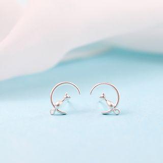 925 Sterling Silver Cat Stud Earring Silver Stud - 1 Pair - Silver - One Size