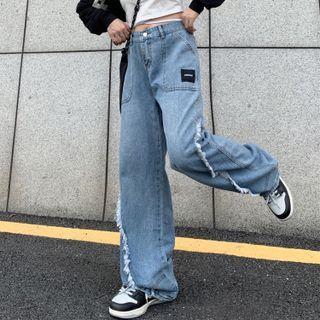 Straight Leg Applique Frayed Panel Jeans